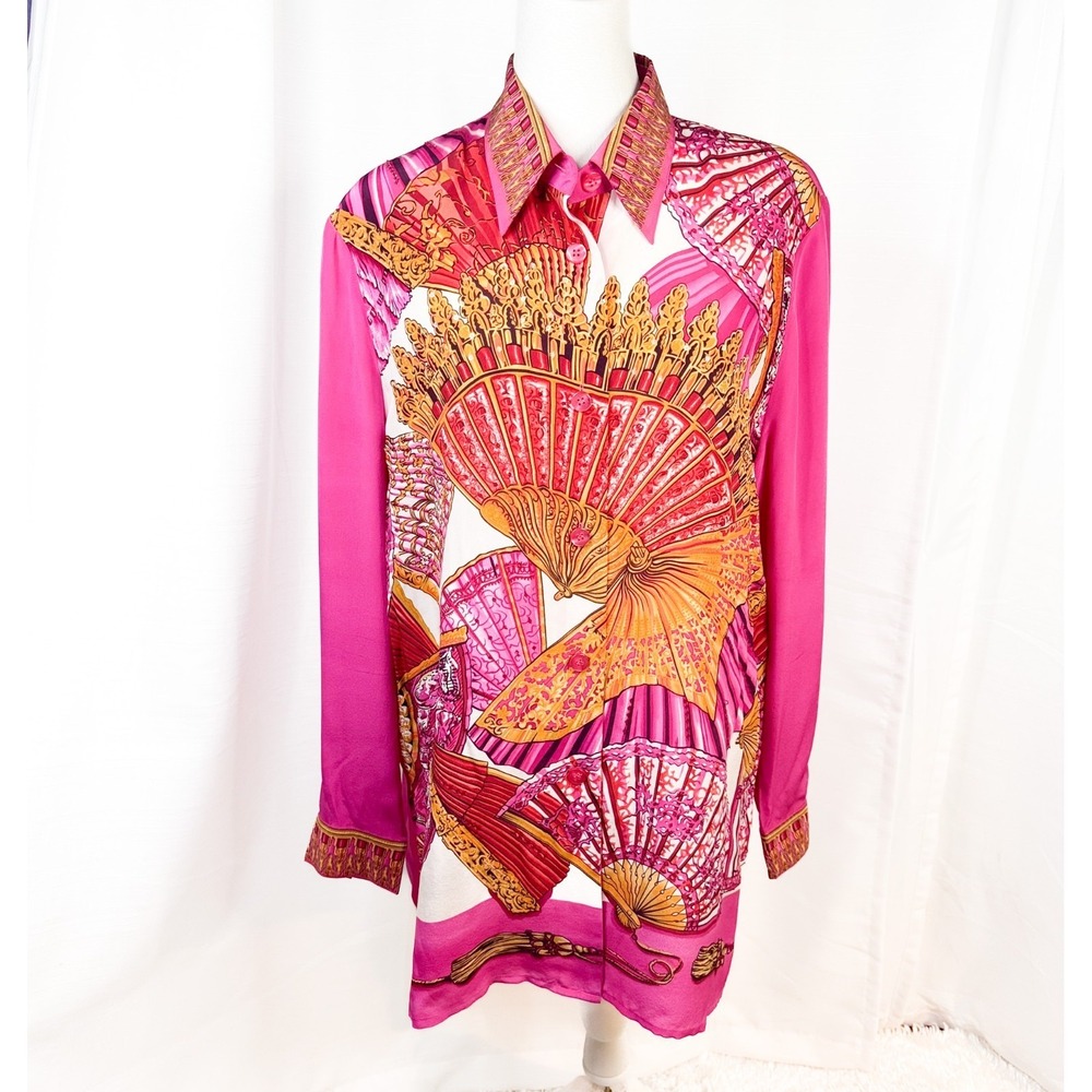 Diane Gilman Vintage Silk Blouse Womens L Pink Fan Print Sequin Button Up Shirt